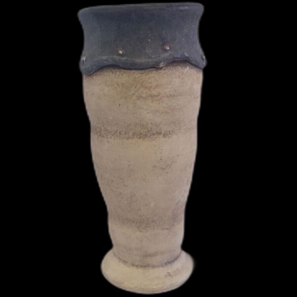 Vintage Unique Handcrafted Slump Edge Studio Pottery Vase 11"in Blue Cream